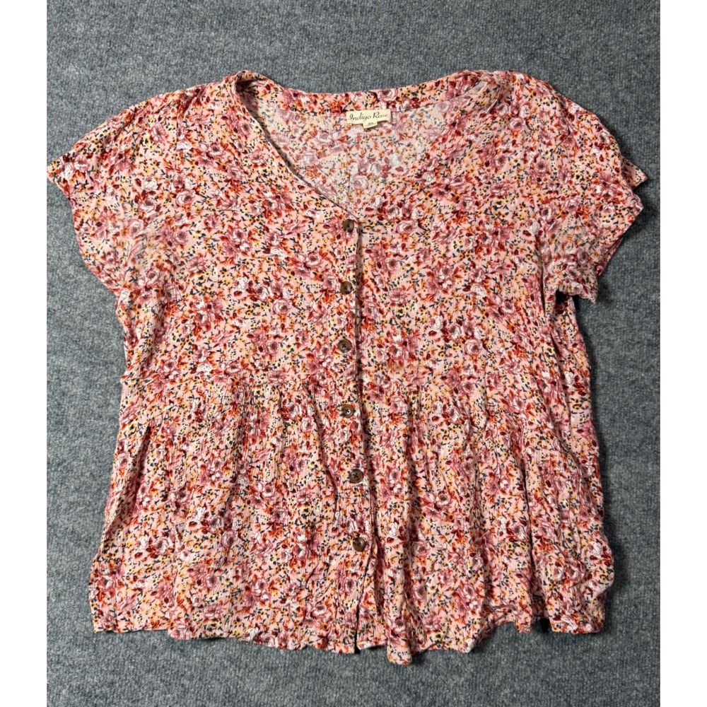 Floral Button-Front Short Sleeve Blouse - Pink